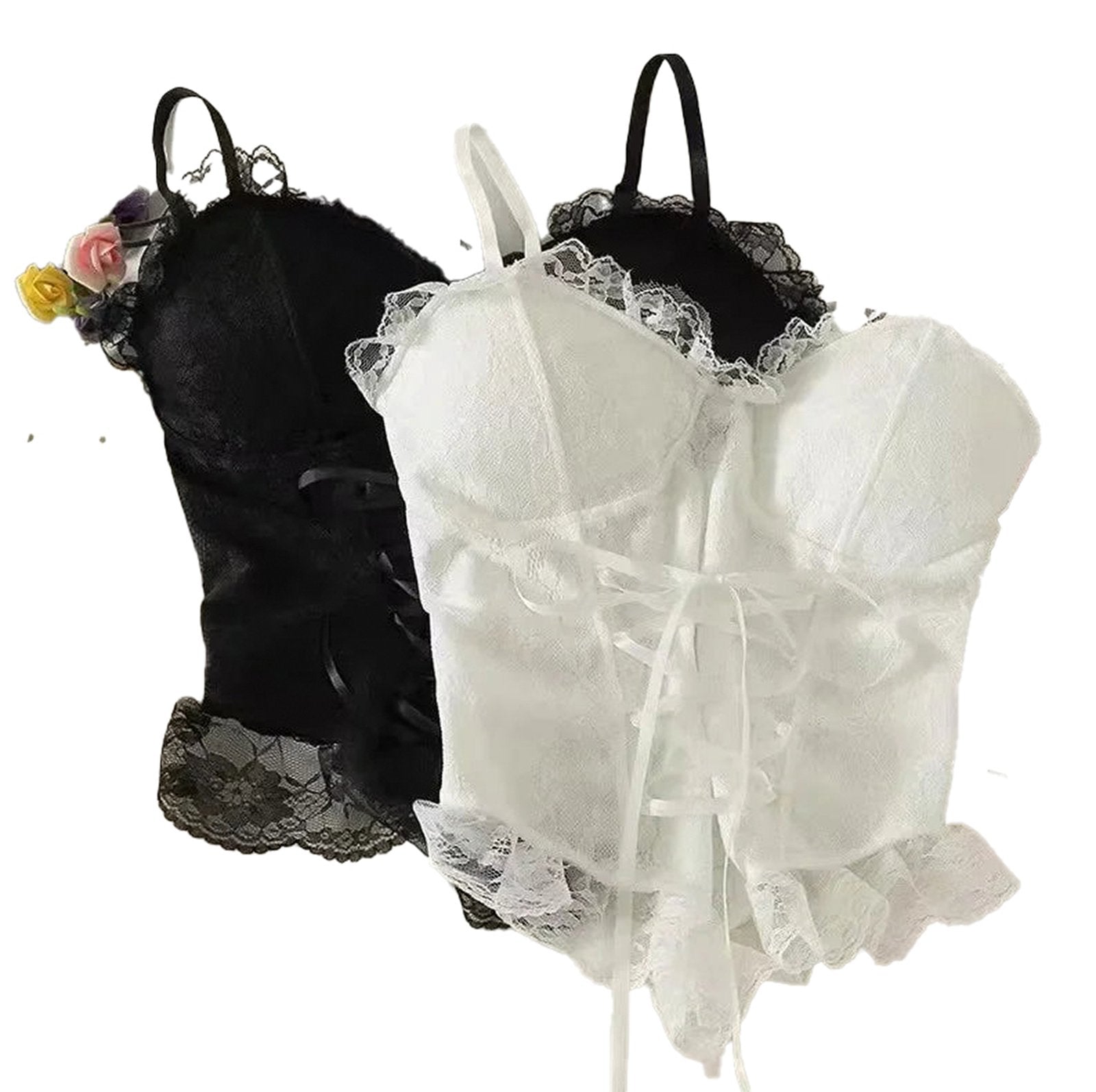 Two elegant sexy lace corset crop tops for women in black and white with ruffled edges and adjustable straps