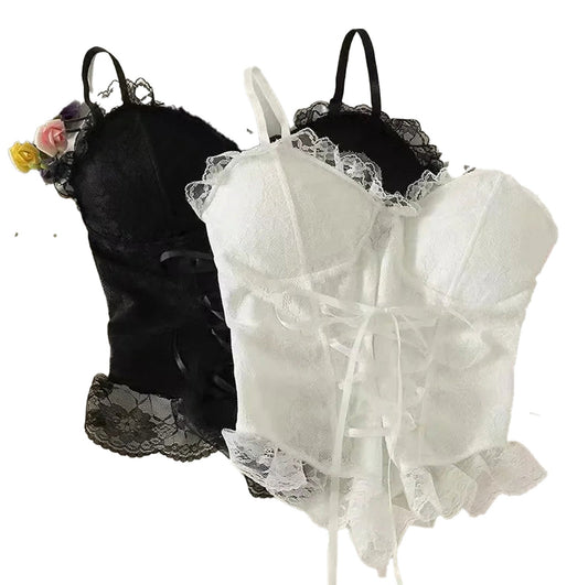 Two elegant sexy lace corset crop tops for women in black and white with ruffled edges and adjustable straps