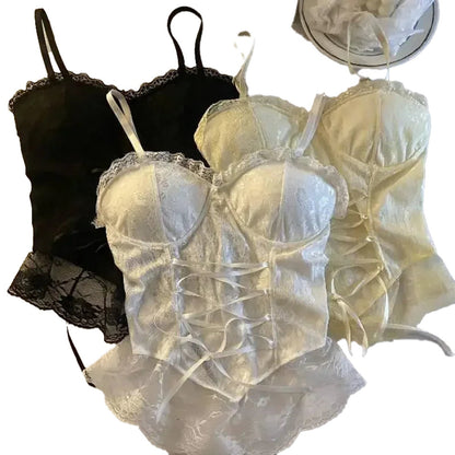 Set of sexy lace corset crop tops for women in black and white with adjustable straps and detailed lace design