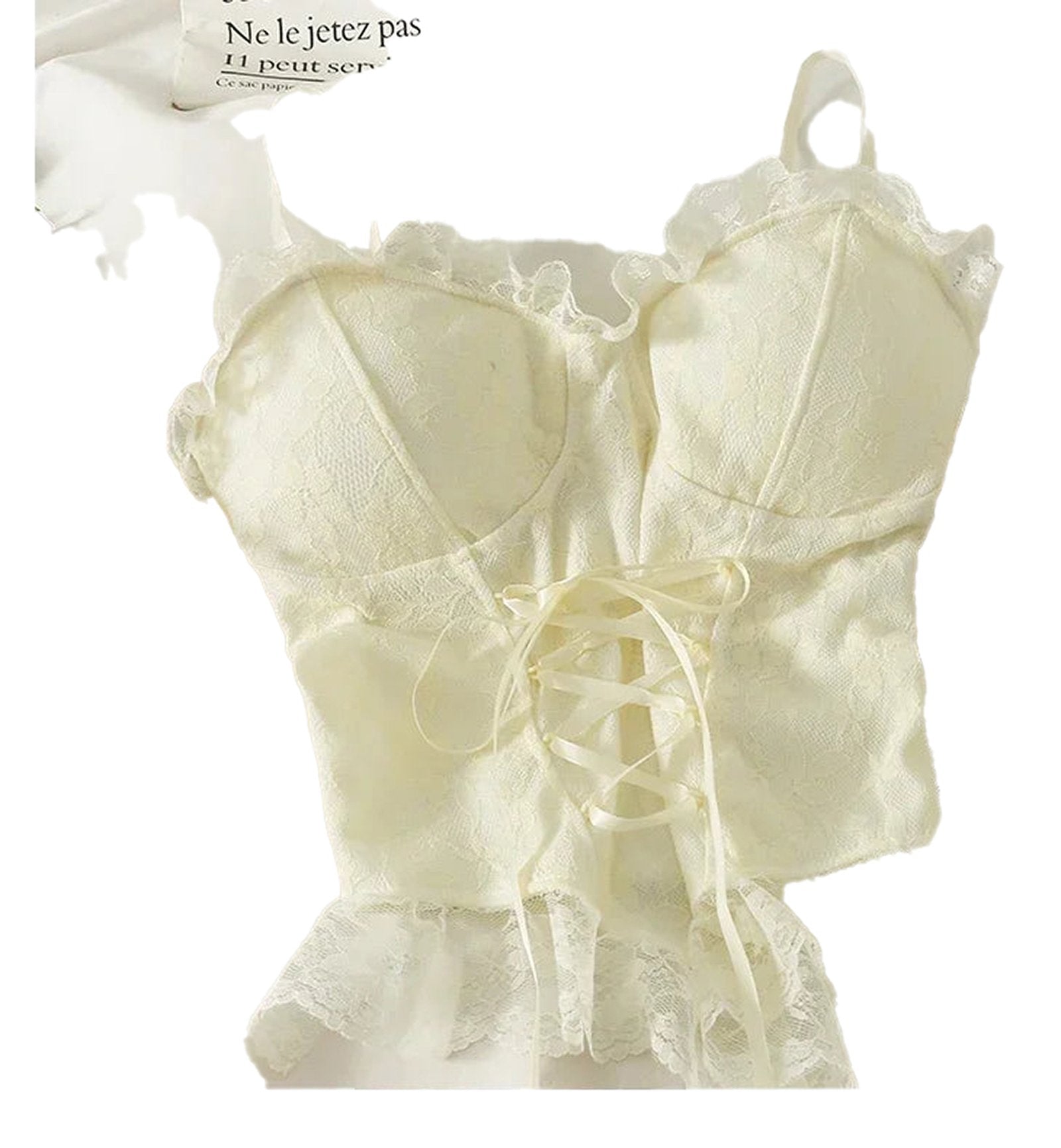 LuckeLadybug sexy lace corset crop top for women with ruffled edges and lace-up detail