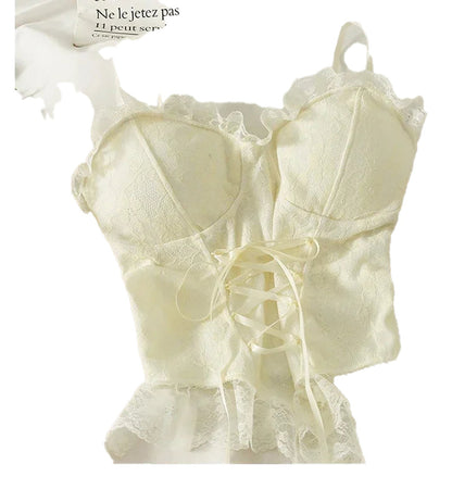 LuckeLadybug sexy lace corset crop top for women with ruffled edges and lace-up detail