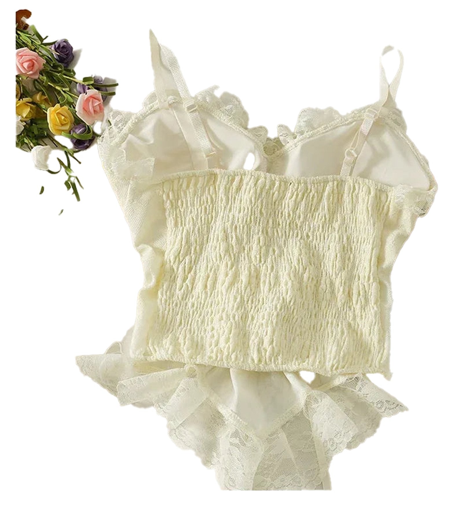 Cream-colored sexy lace corset crop top for women with adjustable straps and ruffled hem