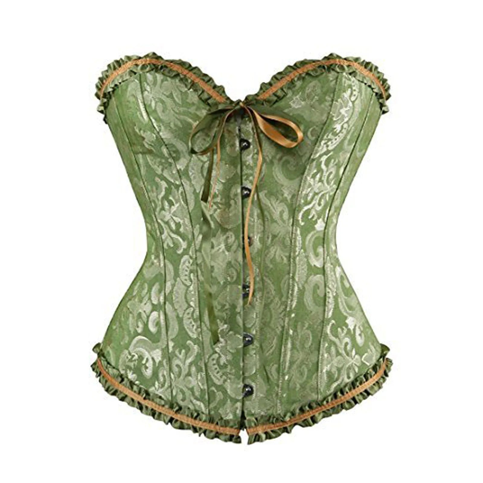 Elegant green sexy lace corset for women with intricate patterns and ruffle details