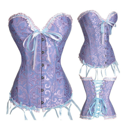 Elegant purple sexy lace corset for women with ribbon accents and detailed lace trim