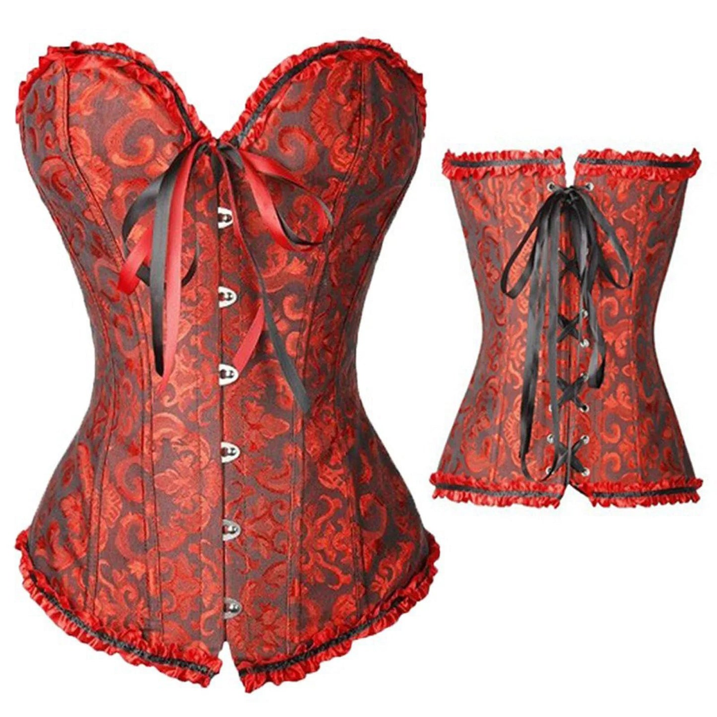Red and black sexy lace corset for women featuring decorative buttons and ribbon ties