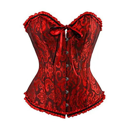 Elegant red sexy lace corset for women with ruffle trim and button closure