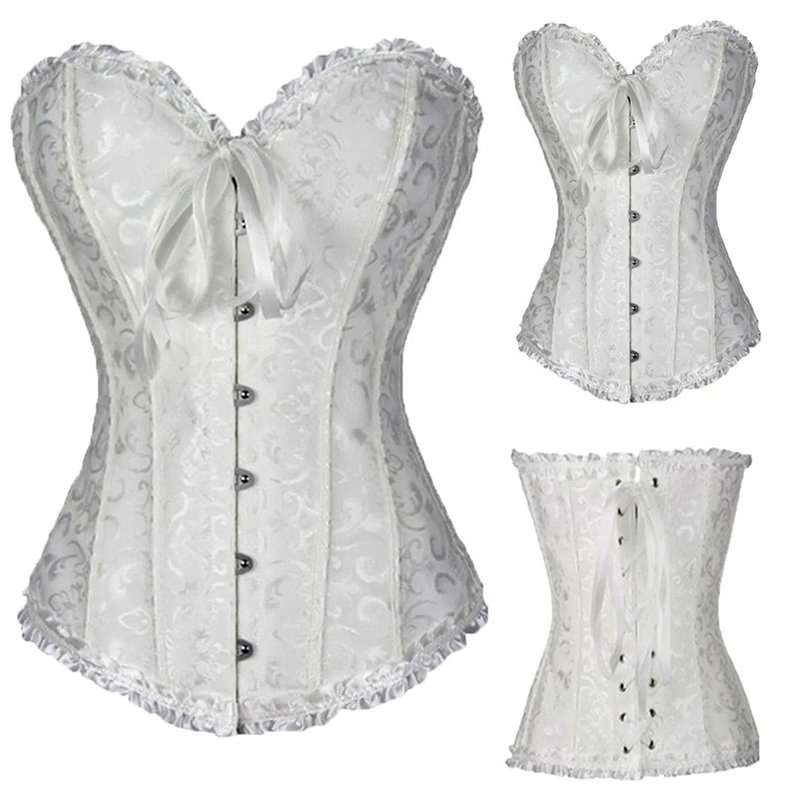 Elegant white sexy lace corset for women with button closure and ruffled edges