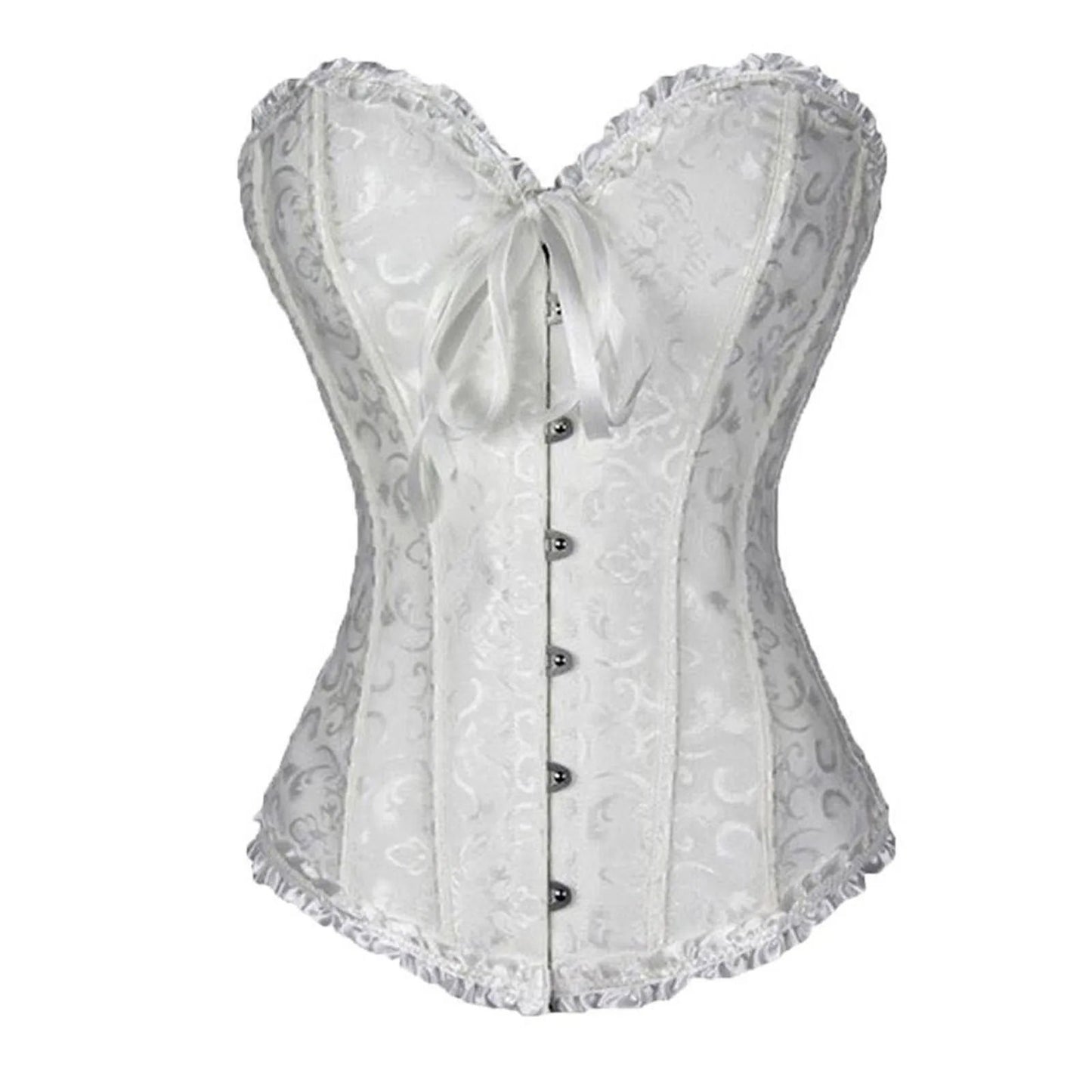 Elegant white sexy lace corset for women with a button front and ribbon detail