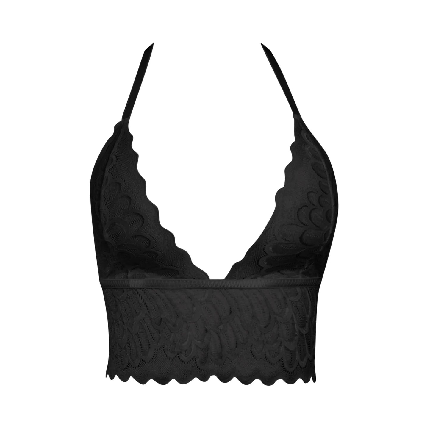 LuckeLadybug LLC sexy lace halter crop top in black with scalloped edges and a plunging neckline