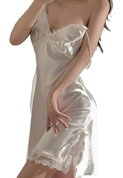 Silky cream sexy lace halter nightdress with delicate lace detailing and adjustable straps