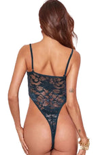 Back view of a sexy lace lingerie bodysuit in teal color with delicate floral patterns