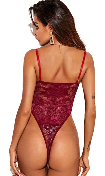 Red sexy lace lingerie bodysuit by LuckeLadybug LLC with thin straps and sheer floral design
