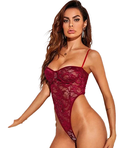 LuckeLadybug sexy lace lingerie bodysuit in burgundy with lace detailing and adjustable straps