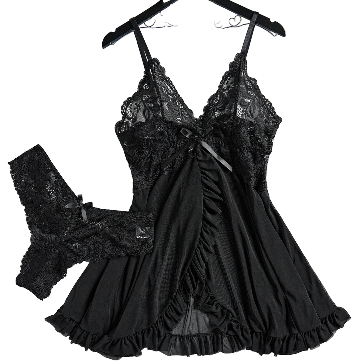 Black sexy lace lingerie dress for women with matching thong and ruffle details