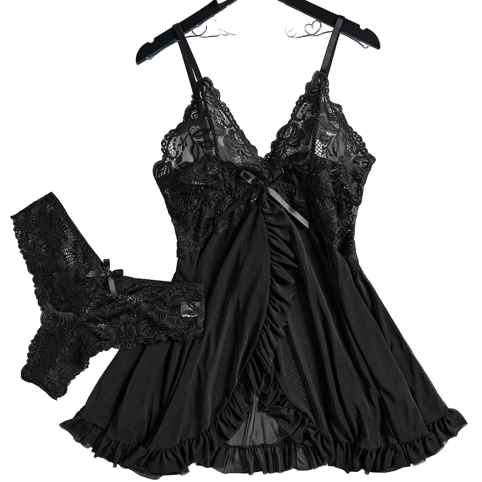 Black sexy lace lingerie dress for women with matching thong and ruffle details