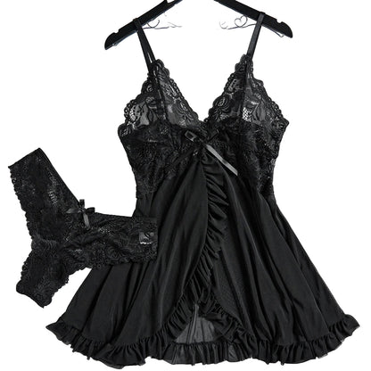 Black sexy lace lingerie dress for women with matching thong and ruffle details
