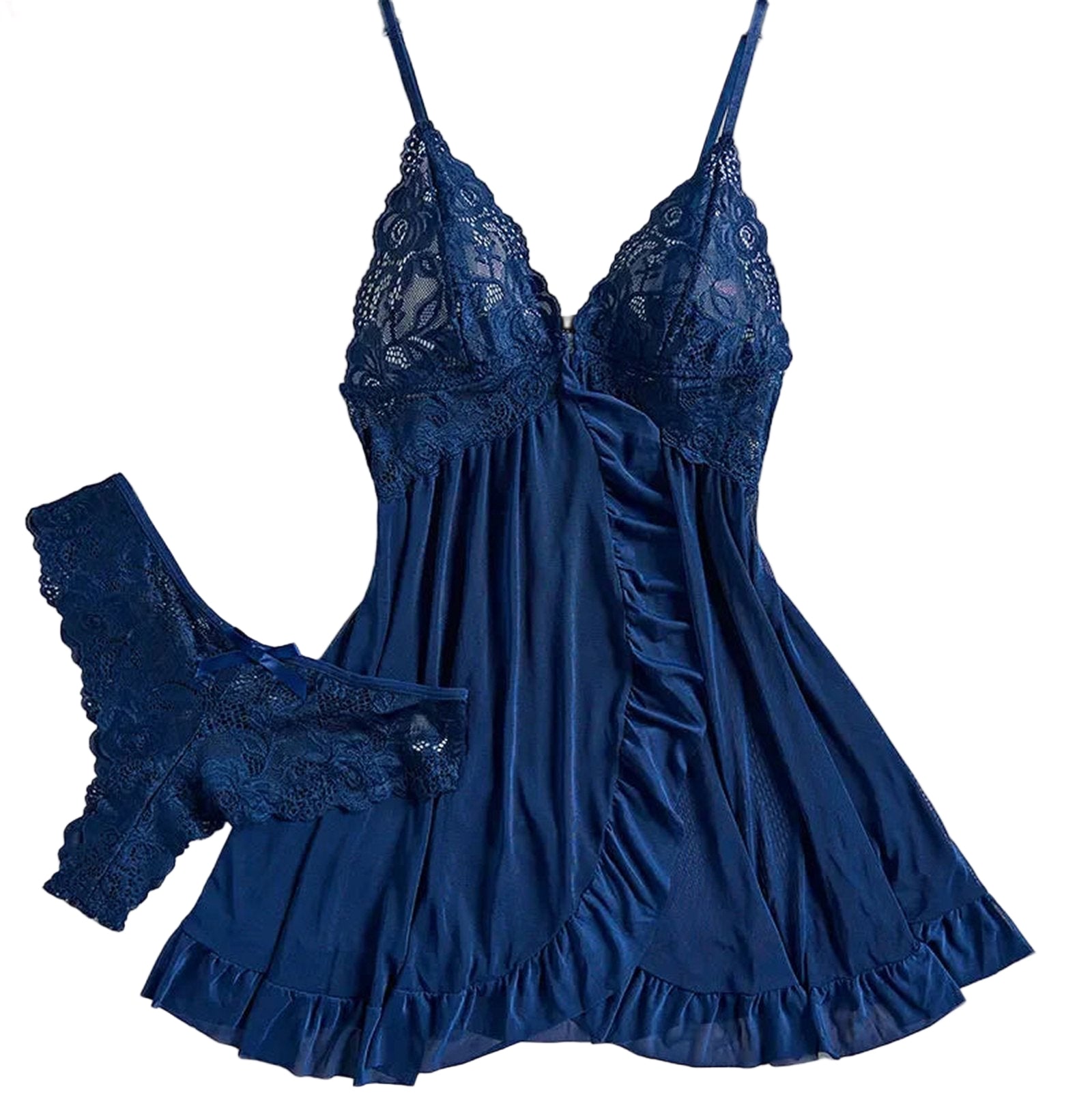 Navy blue sexy lace lingerie dress for women with matching lace thong and elegant floral accents