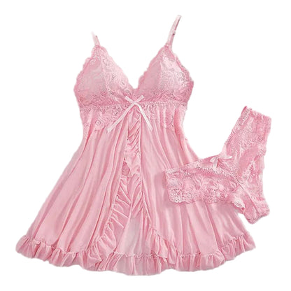 Pink sexy lace lingerie dress for women with ruffled edges and matching panties