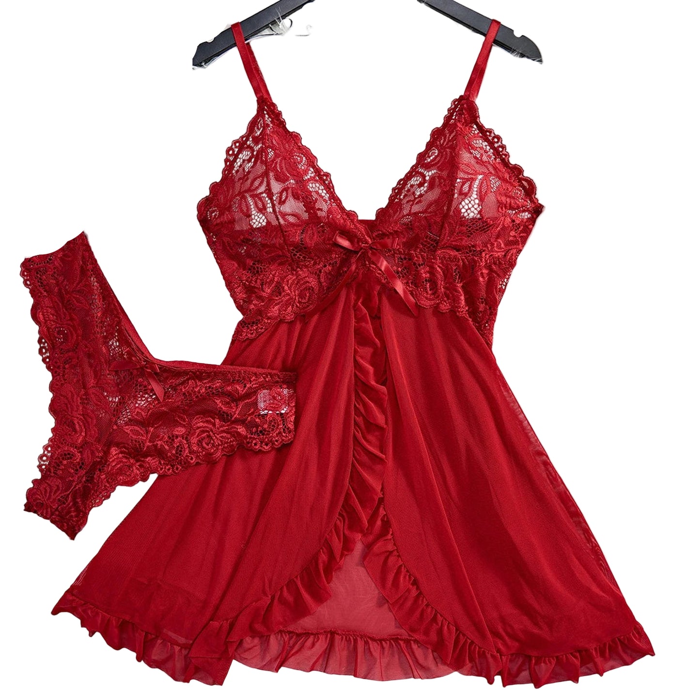 Red sexy lace lingerie dress for women with matching lace thong and ruffle detailing