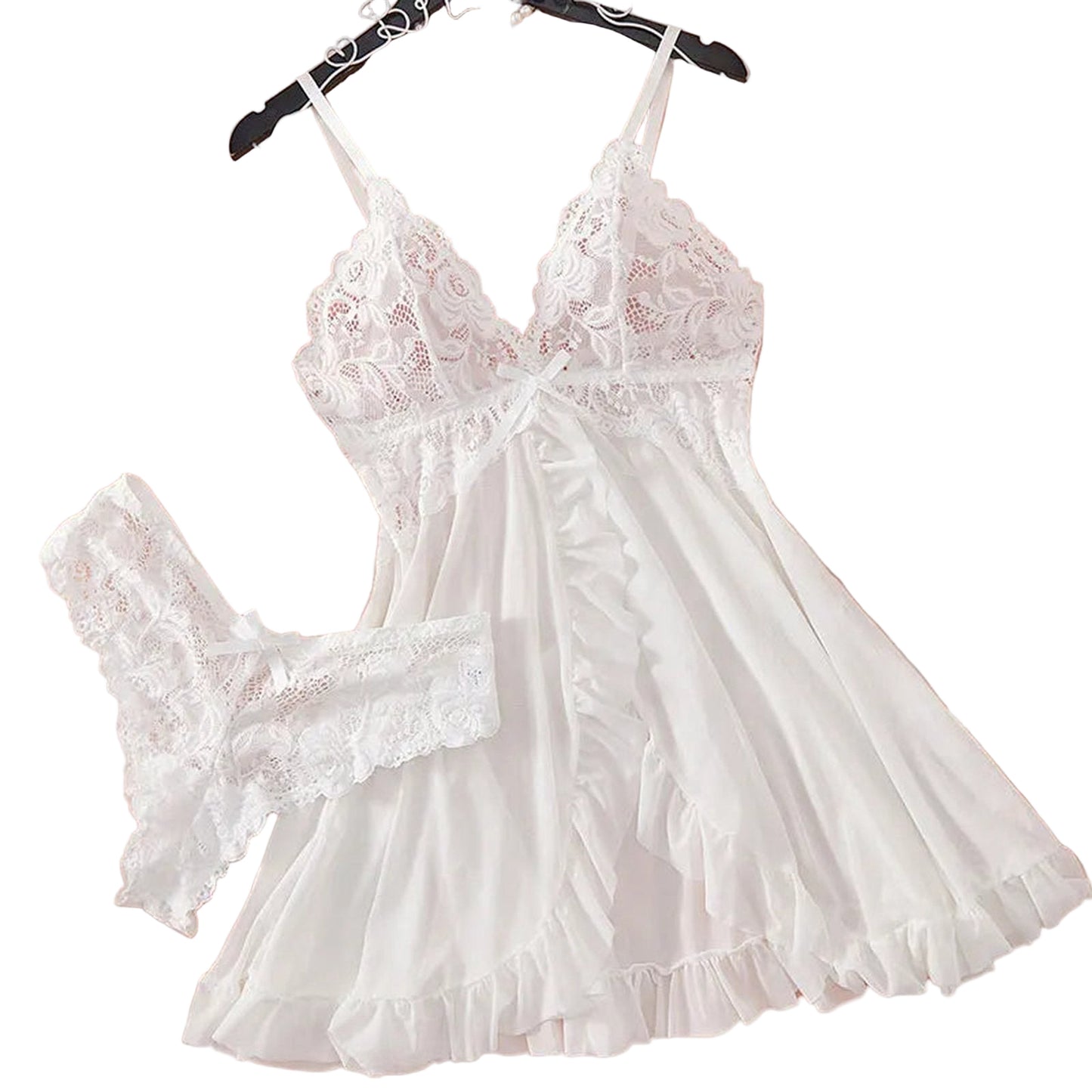 LuckeLadybug sexy lace lingerie dress for women with matching thong and delicate ruffles