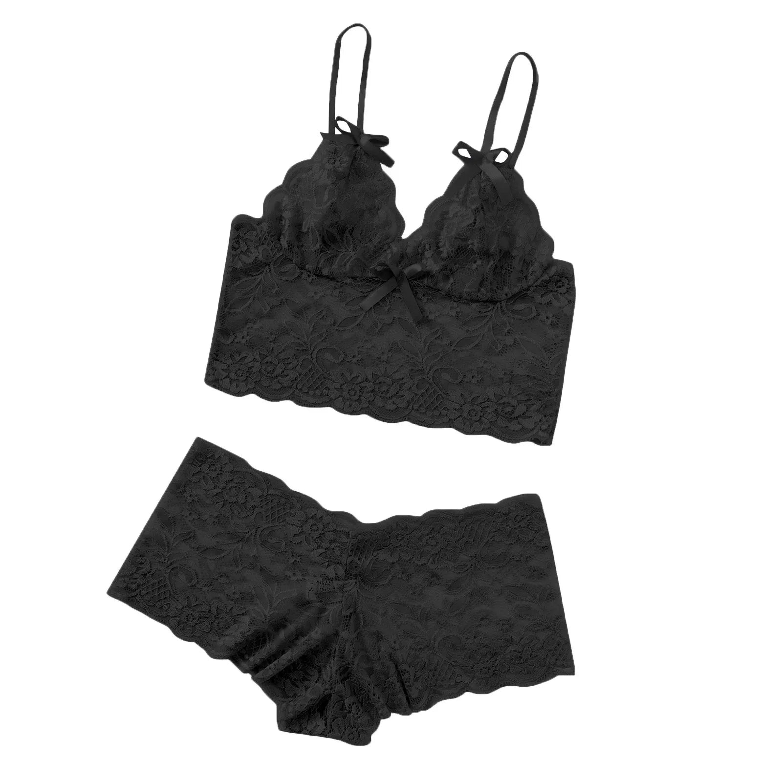 Sexy lace lingerie set in black with scalloped edges and delicate detailing for a romantic vibe