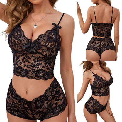 Sexy lace lingerie set in black featuring a crop top and matching shorts for a flirty look