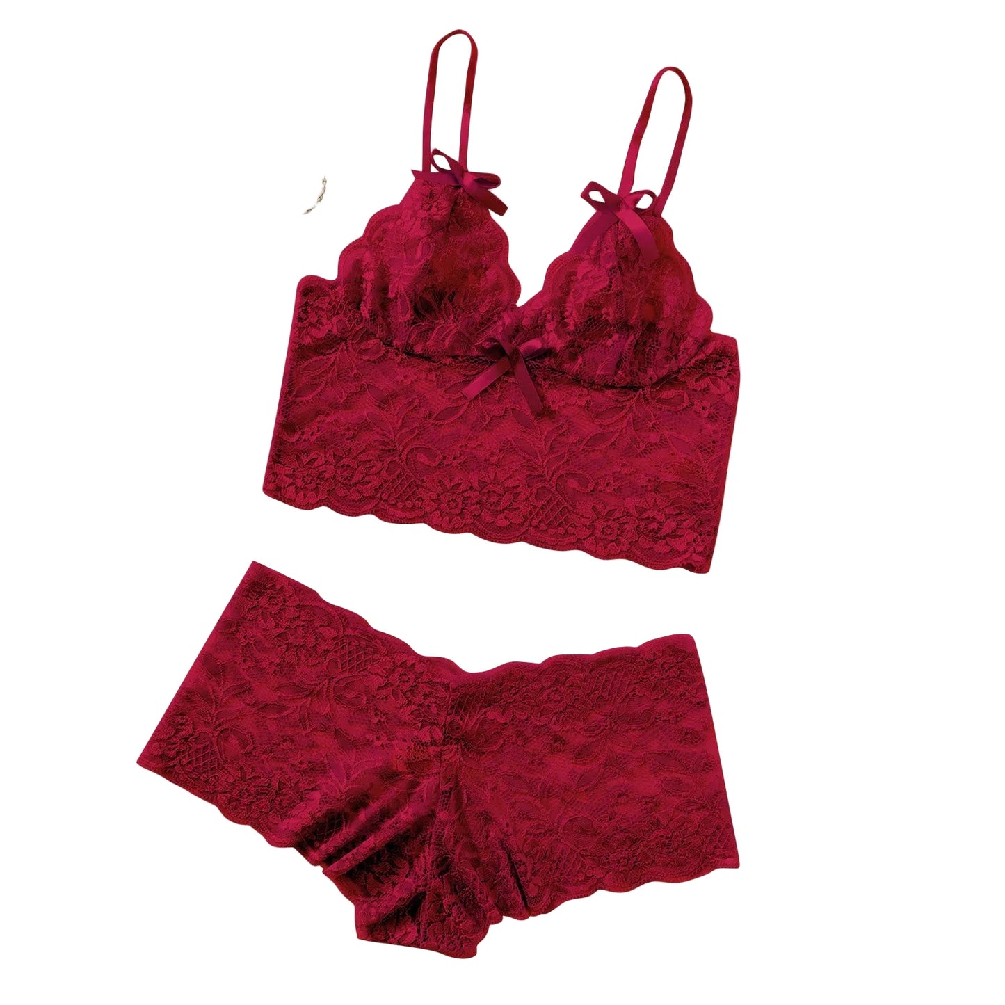 Sexy lace lingerie set in red with a bralette and matching shorts from LuckeLadybug LLC