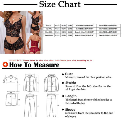 Sexy lace lingerie set by LuckeLadybug LLC with size chart for perfect fitting options