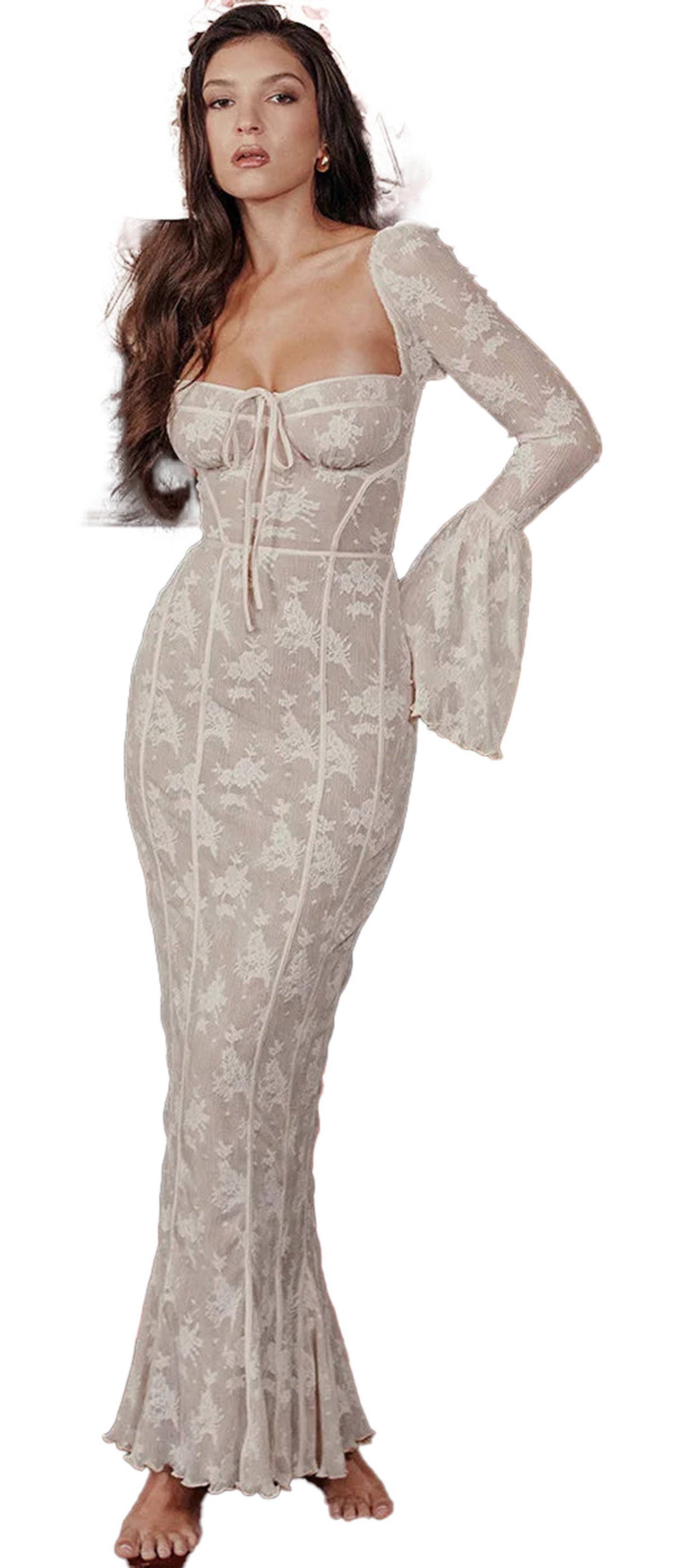 LuckeLadybug LLC sexy lace long sleeve dress in beige with fitted silhouette and flared hem