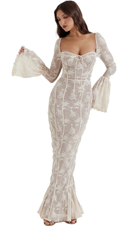 LuckeLadybug LLC sexy lace long sleeve dress featuring flared sleeves and a mermaid silhouette