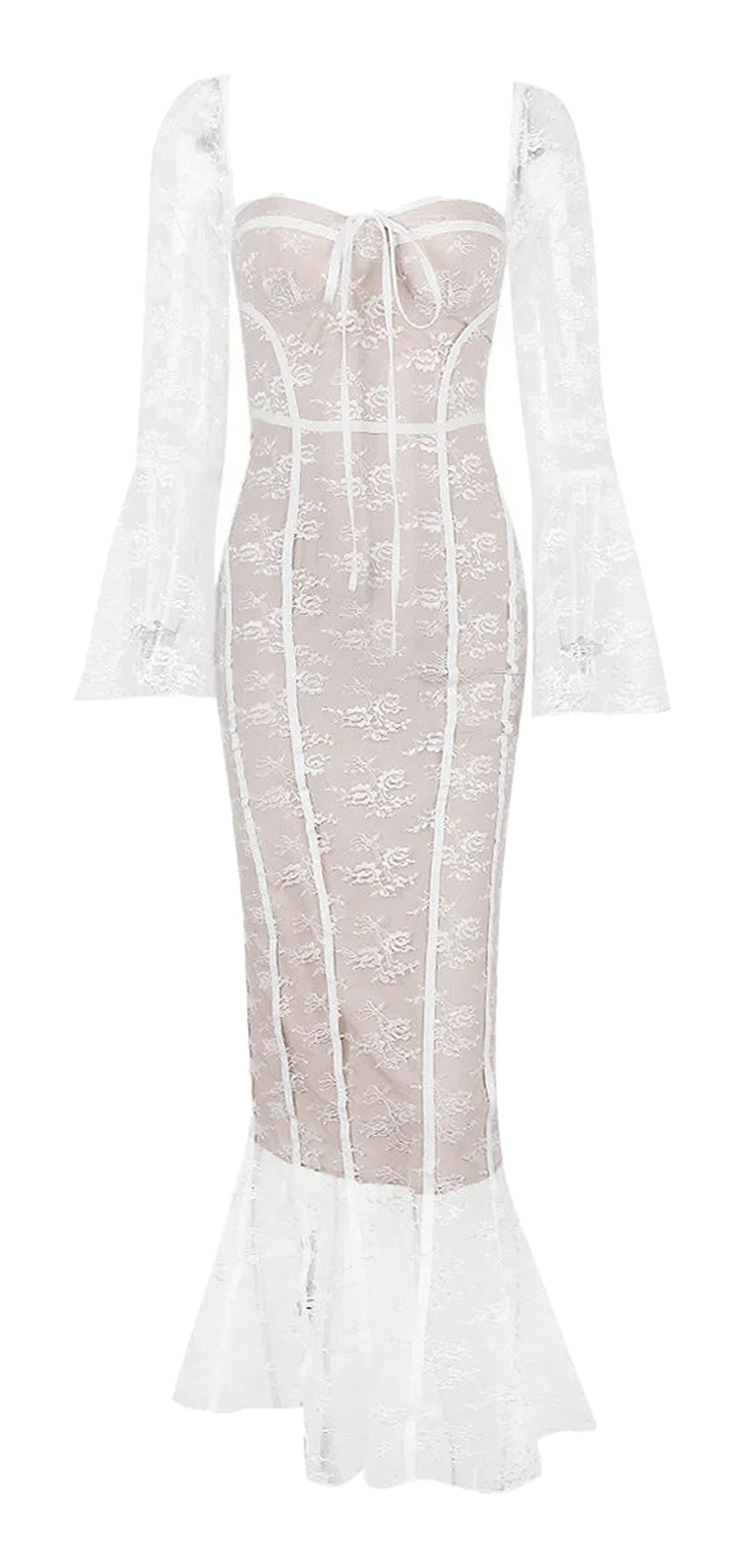 LuckeLadybug sexy lace long sleeve dress with fitted bodice and flared sleeves