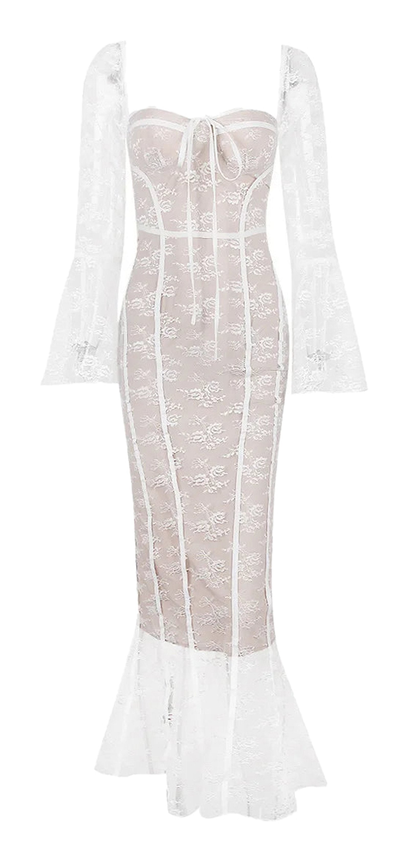 LuckeLadybug sexy lace long sleeve dress with fitted bodice and flared sleeves