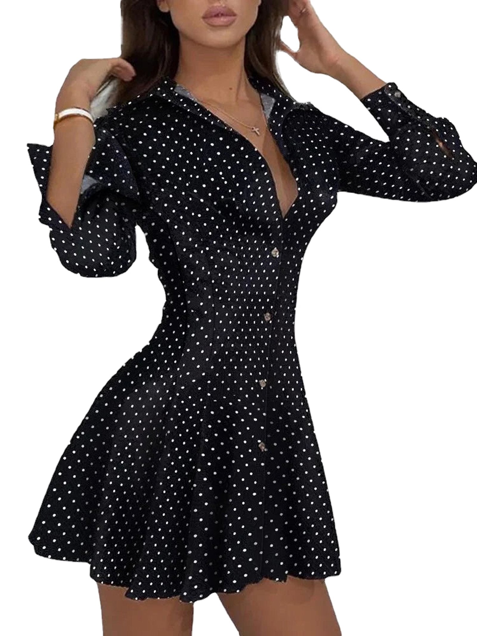 Black polka dot sexy lace mini dress with a flattering fit and button-up design