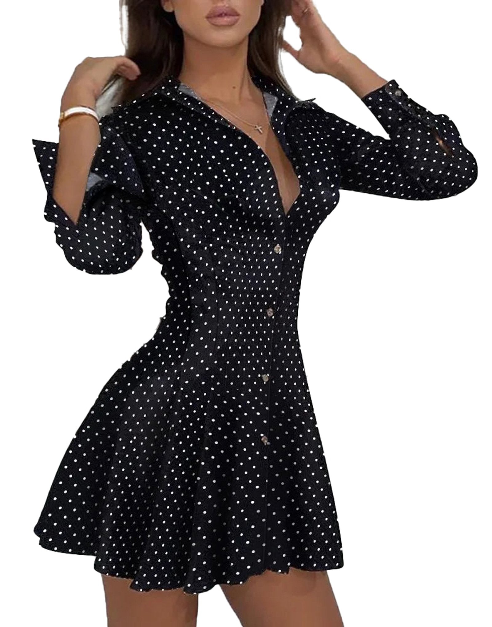 Sexy lace mini dress in black with white polka dots, featuring a button-down front and flared skirt