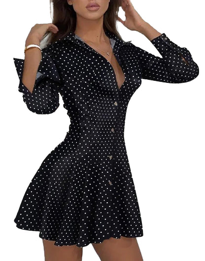 Sexy lace mini dress in black with white polka dots, featuring a button-down front and flared skirt