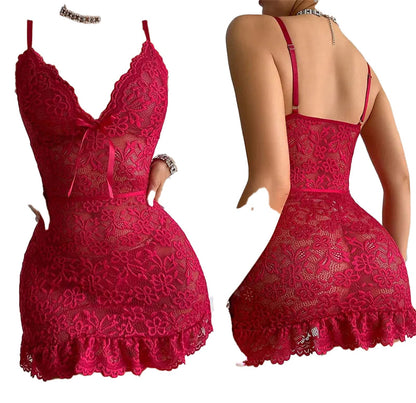 Seductive pink sexy lace mini dress for women featuring floral lace design and spaghetti straps