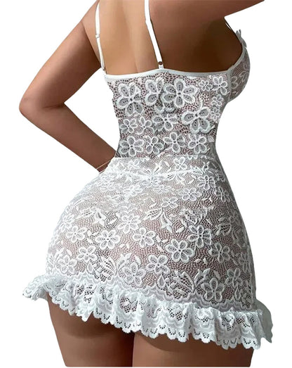 LuckeLadybug sexy lace mini dress for women with floral design and ruffled hem in white