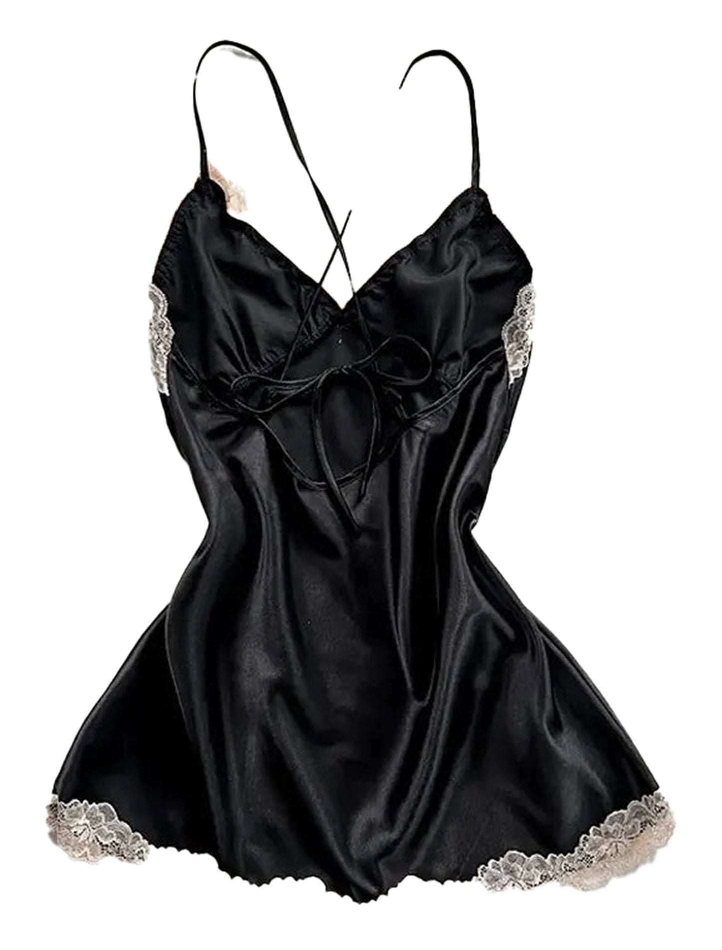 LuckeLadybug LLC sexy lace nightdress for women in black satin with lace details and spaghetti straps