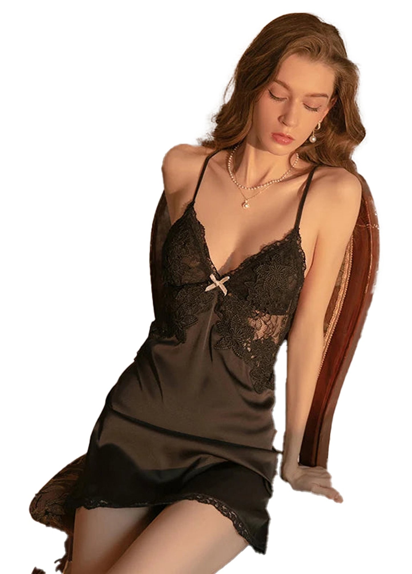 LuckeLadybug sexy lace nightdress for women in black featuring delicate lace and adjustable straps