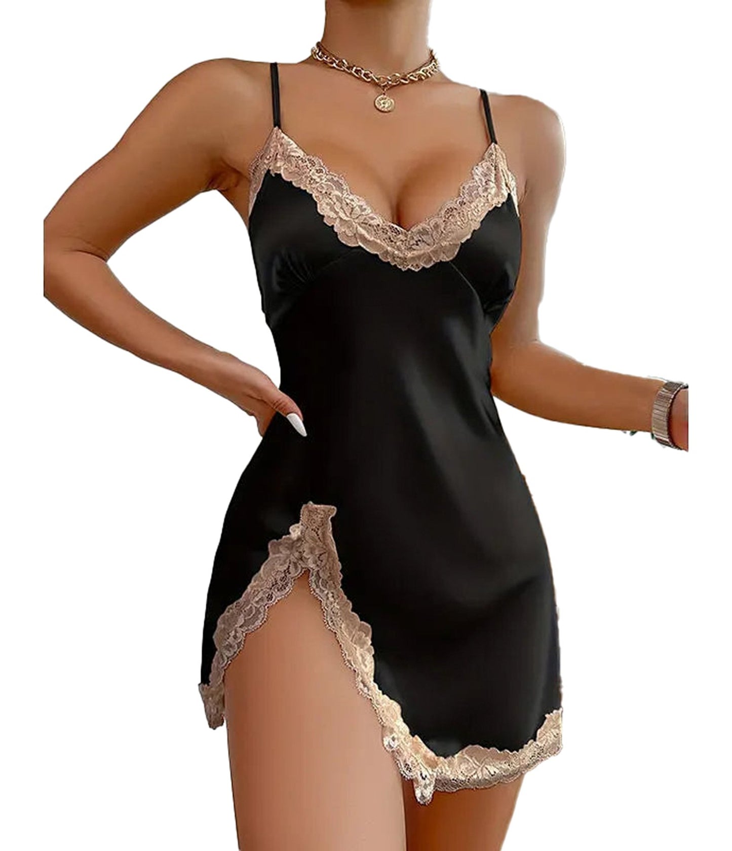Elegant black sexy lace nightdress for women with delicate lace trim and a flirty side slit