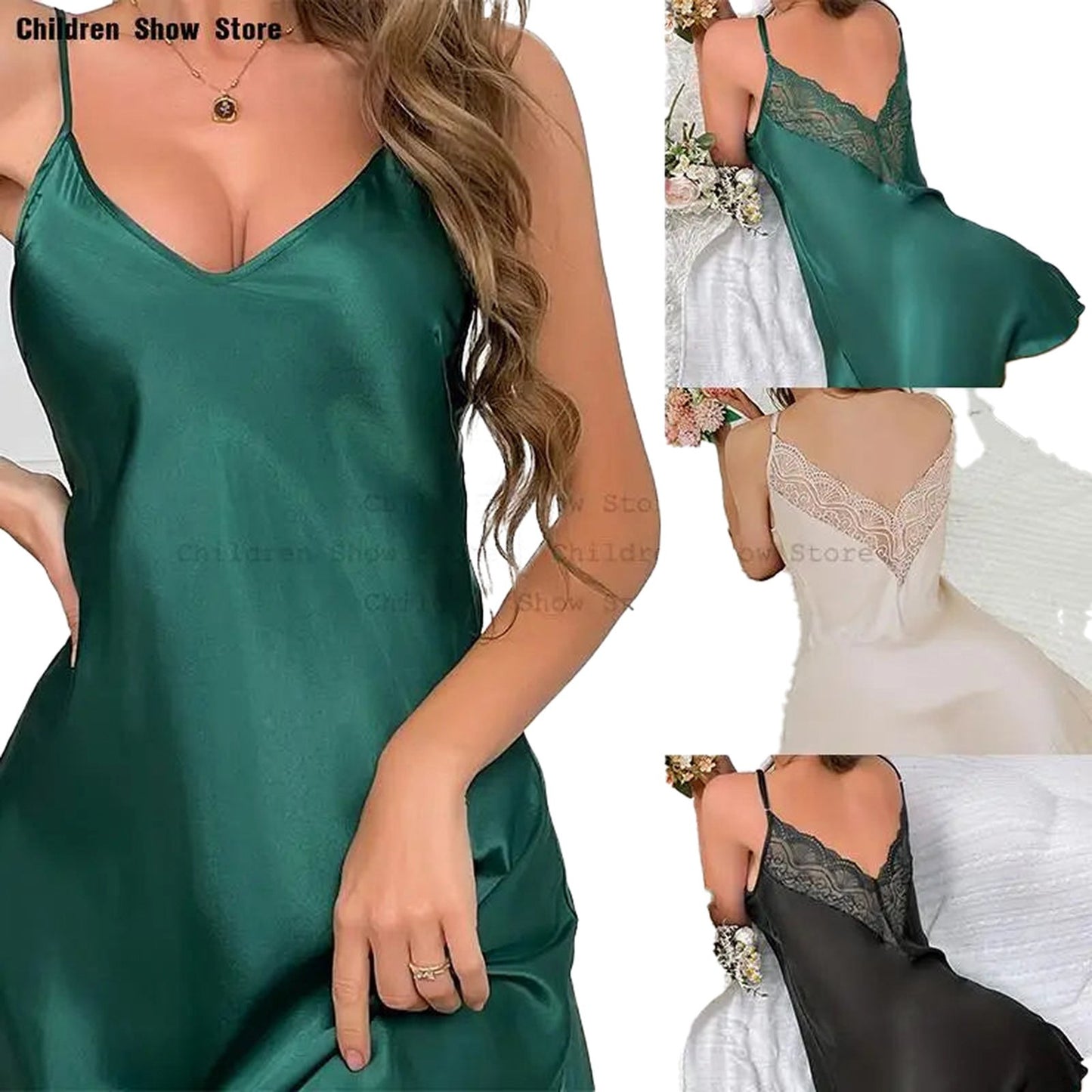 Elegant green and white sexy lace nightdress for women with delicate lace detailing and adjustable straps