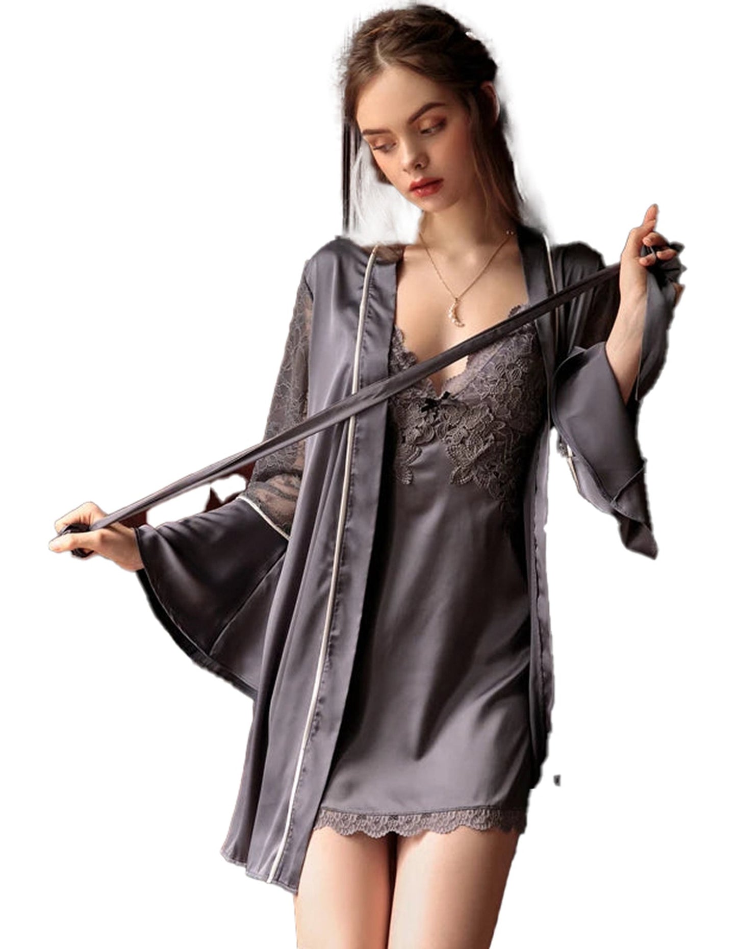 Elegant LuckeLadybug sexy lace nightdress for women in gray with delicate lace trim and stylish sleeves