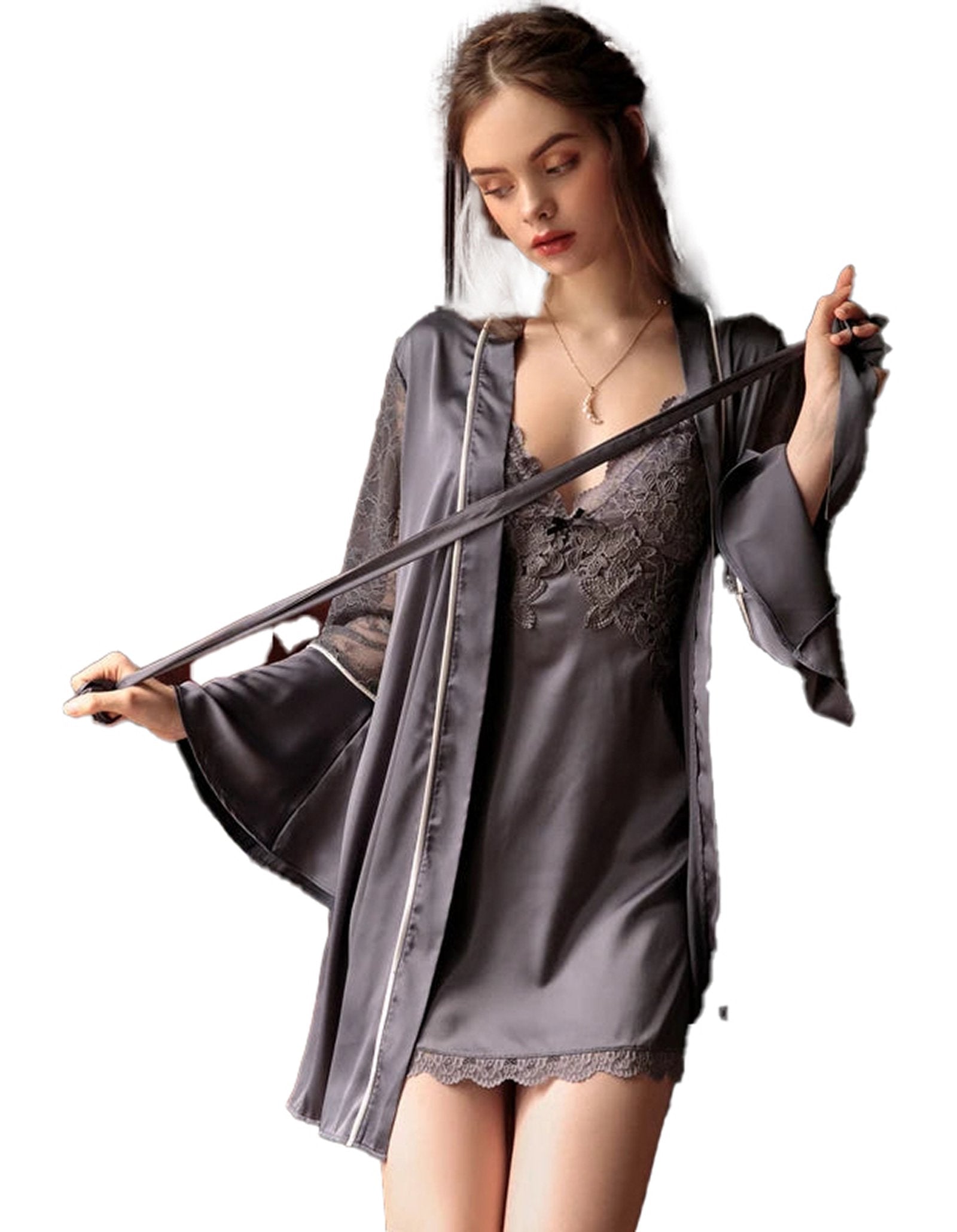 Elegant LuckeLadybug sexy lace nightdress for women in gray with delicate lace trim and stylish sleeves