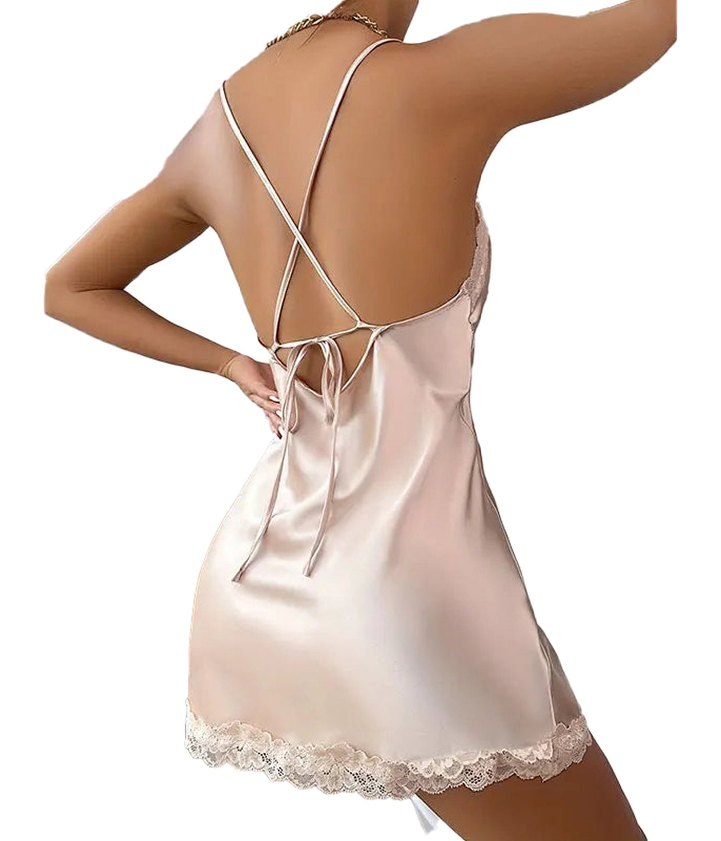 LuckeLadybug LLC Sexy lace nightdress for women in soft satin with a crisscross back design