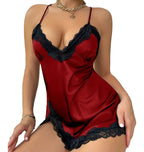 Red satin babydoll with black lace trim, a sexy lace nightdress for women from LuckeLadybug LLC