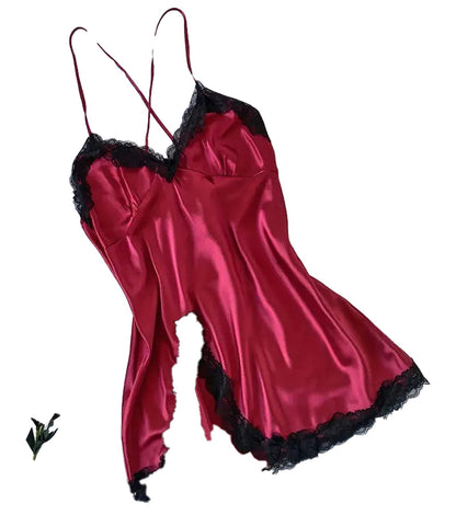 Red satin babydoll with lace trim, designed as a sexy lace nightdress for women by LuckeLadybug LLC