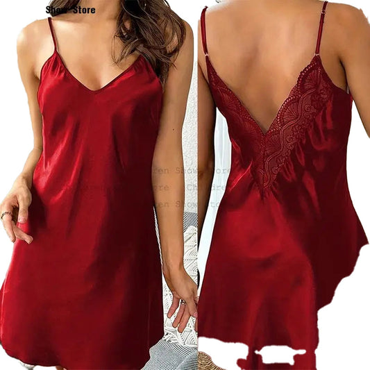 Red satin babydoll with lace detail on the back, a sexy lace nightdress for women