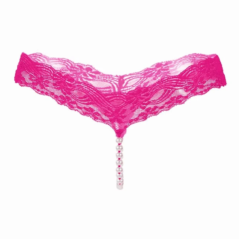 LuckeLadybug sexy lace pearl thong for women in vibrant pink with a decorative pearl detail