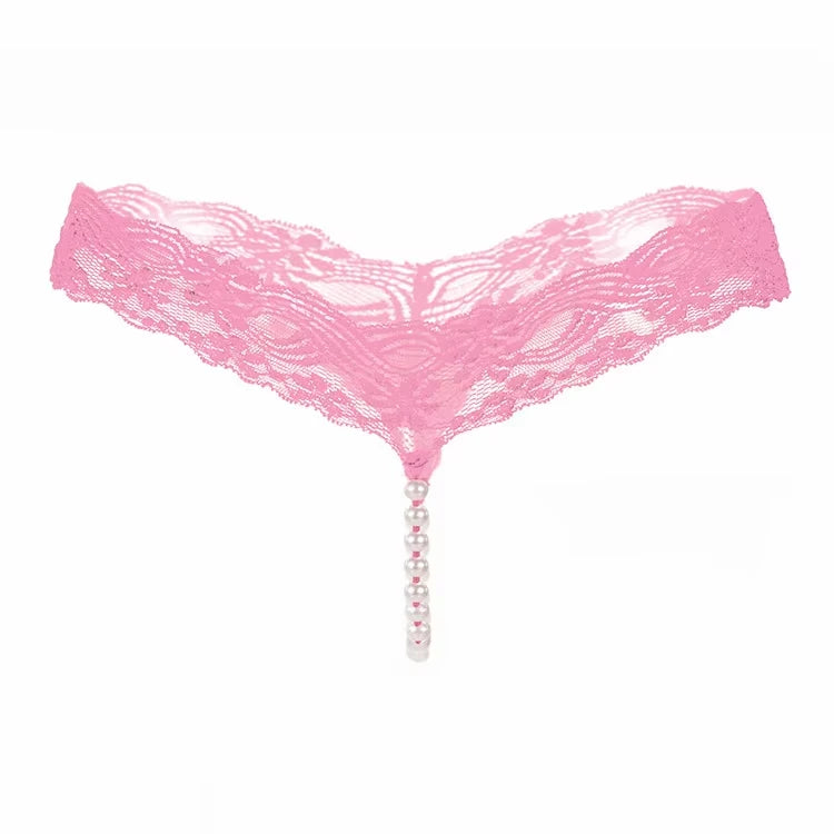 Sexy lace pearl thong for women in pink with delicate lace detailing and string of pearls