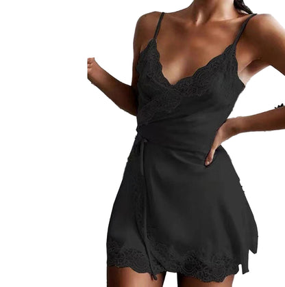 Elegant black sexy lace satin nightdress with adjustable straps and lace trim details